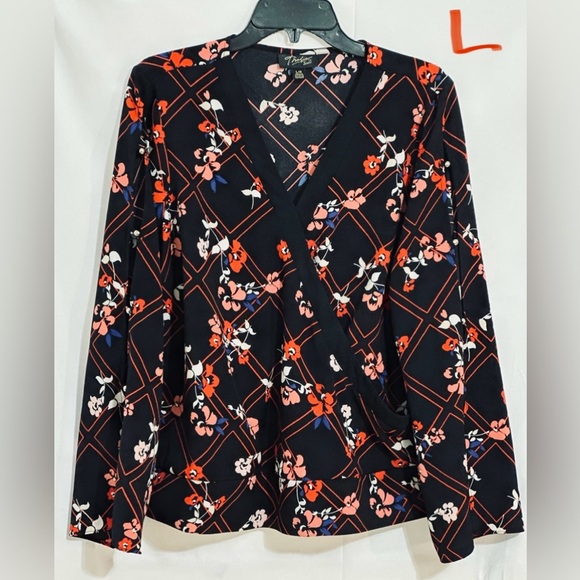 Thalia Sodi Tops - LADIES BLACK TOP WITH RED, BLUE & PINK FLOWERS & OPEN SLEEVES